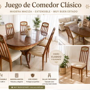 Juego de comedor nogal mesa de 176 x 88 + tabla de alargue con 6 sillas excelente estado oportunidad 